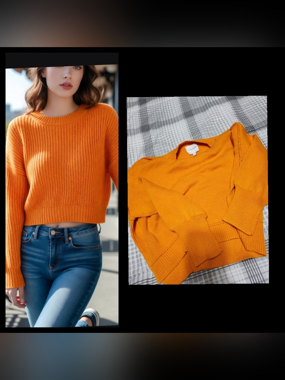Pink Rose Cropped Stretchy Orange Sweater Long Sleeves Size Large●